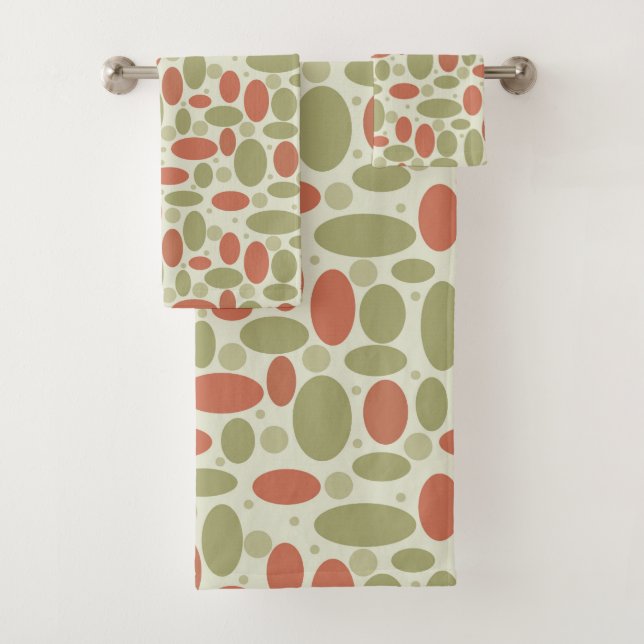 Abstract retro brown beige green sea pebbles stone bath towel set (Insitu)