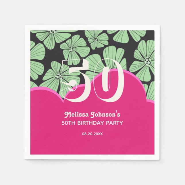 Abstract Retro Chamomile Floral Pink Birthday Napkin (Front)