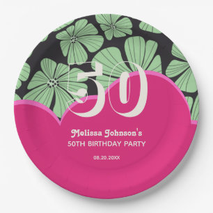 Abstract Retro Chamomile Floral Pink Birthday Paper Plate