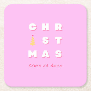 Abstract Retro Christmas Pink Holiday Decor Preppy Square Paper Coaster