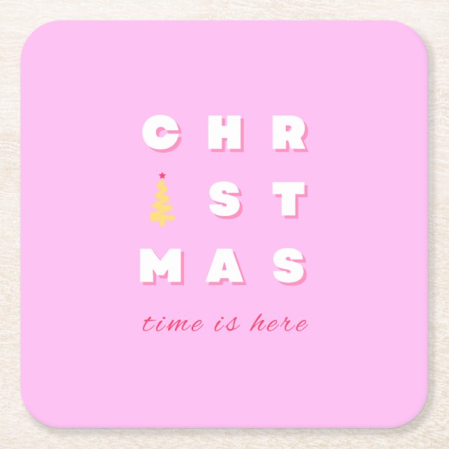 Abstract Retro Christmas Pink Holiday Decor Preppy Square Paper Coaster (Front)