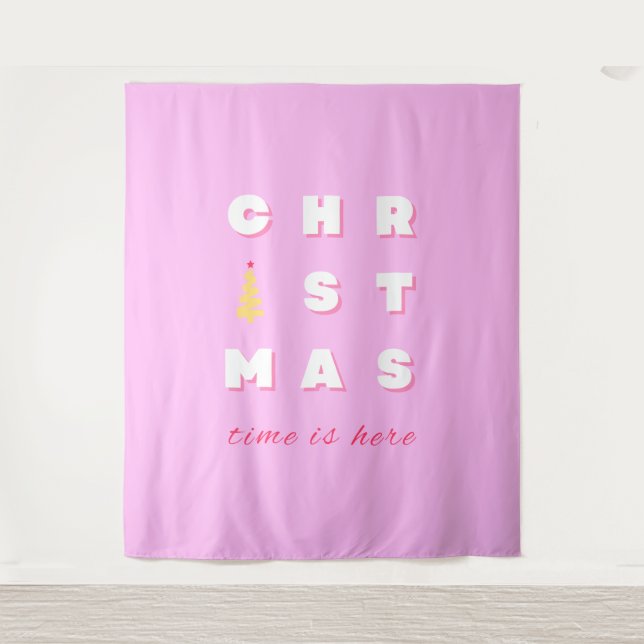 Abstract Retro Christmas Pink Holiday Decor Preppy Tapestry (Front)