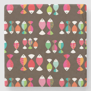 Abstract retro fish underwater pattern 2 stone coaster