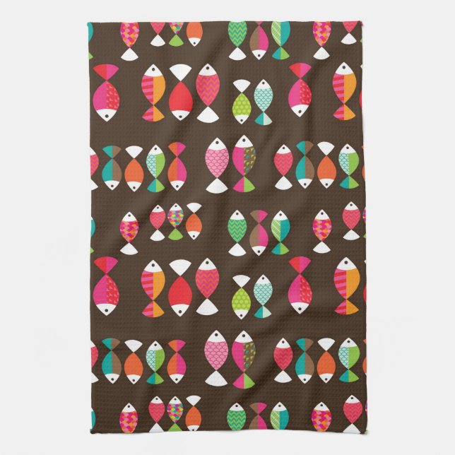Abstract retro fish underwater pattern 2 tea towel (Vertical)