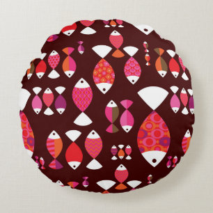 Abstract retro fish underwater pattern round cushion