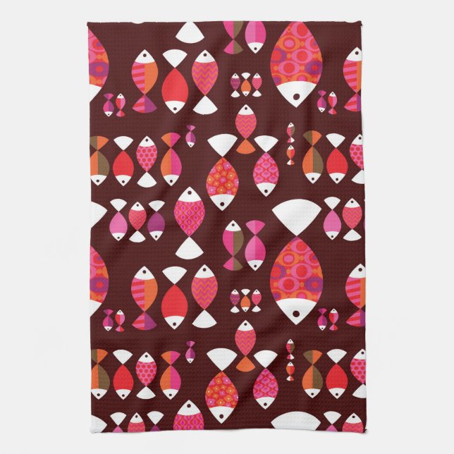 Abstract retro fish underwater pattern tea towel (Vertical)