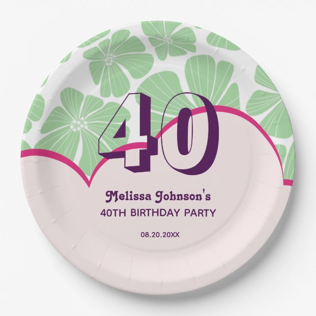 Abstract Retro Green Chamomile Flower Birthday Paper Plate (Front)