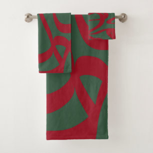 Abstract Retro Lines Midcentury Modern Red Green Bath Towel Set