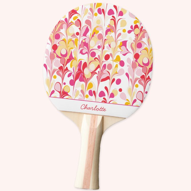 Abstract Retro Marble Pattern Pink Personalised Ping Pong Paddle (Modern retro marble pattern custom name personalized ping pong paddle)