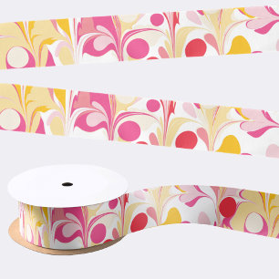 Abstract Retro Marble Pattern Pink Red Yellow Satin Ribbon