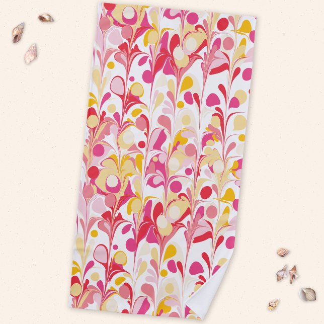 Abstract Retro Marble Pattern Pink Yellow Red Beach Towel (Retro abstract marble pattern pink yellow beach towel)