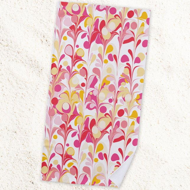 Abstract Retro Marble Pattern Pink Yellow Red Beach Towel (Retro abstract marble pattern pink yellow beach towel)
