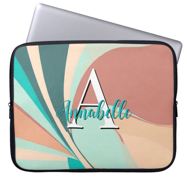 Abstract Retro Modern Peach Rust Teal Monogram Laptop Sleeve (Front)