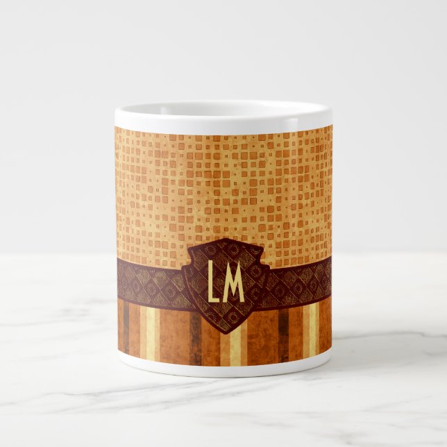 Abstract Retro Monogram Amber Brown Orange Pattern Large Coffee Mug (Front)