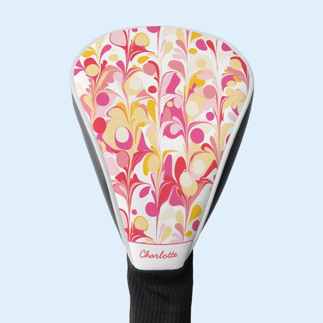 Abstract Retro Pattern Pink Personalised Golf Head Cover (Modern retro marble pattern custom name personalized golf head cover)