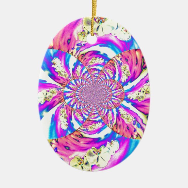Abstract retro pink floral mandala pink orchids ceramic tree decoration (Front)