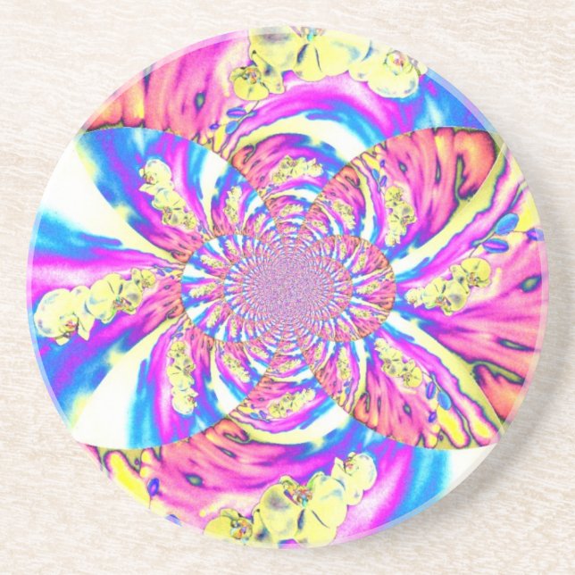 Abstract retro pink floral mandala pink orchids coaster (Front)