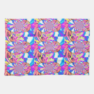 Abstract retro pink floral mandala pink orchids tea towel