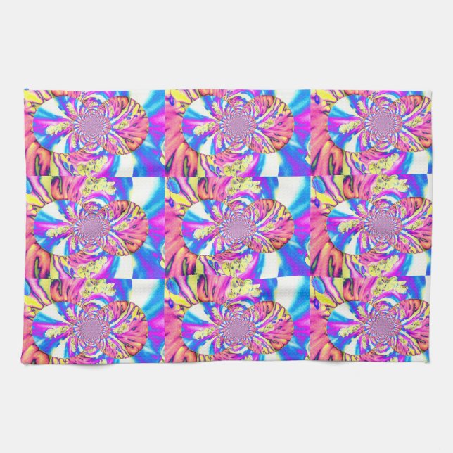 Abstract retro pink floral mandala pink orchids tea towel (Horizontal)