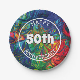 Abstract Retro Psychedelic Happy 50th Custom Paper Plate