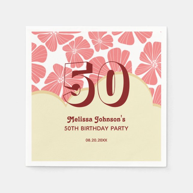 Abstract Retro Red Chamomile Flower Birthday Napkin (Front)