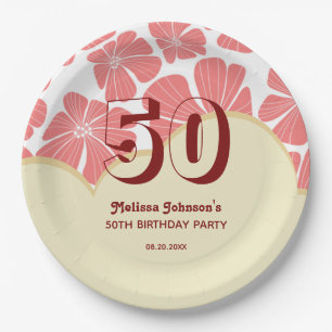 Abstract Retro Red Chamomile Flower Birthday Paper Plate