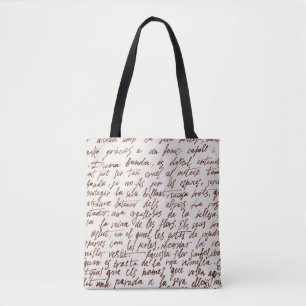 Abstract retro unreadable brown ink-written text. tote bag