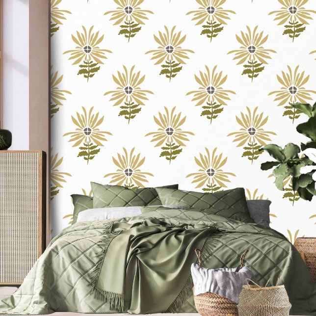 Abstract Retro Yellow Daisy Boho Flower Wallpaper (Peel and stick Daisy wallpaper)
