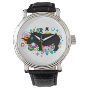 Abstract Rhino Black Leather Strap Watch