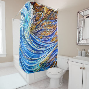Abstract Ripple Waves in Blue and Gold Shower Curtain