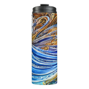 Abstract Ripple Waves in Blue and Gold Thermal Tumbler