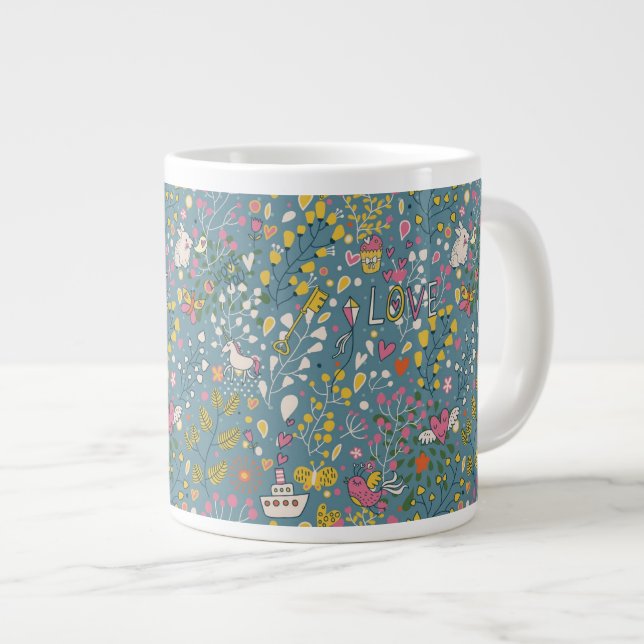 Abstract romantic pattern with cartoon large coffee mug (Front Right)