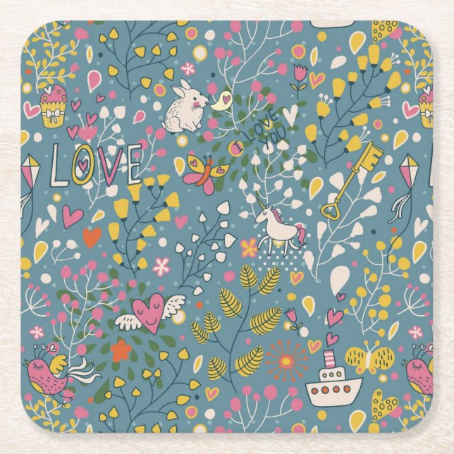 Abstract romantic pattern with cartoon square paper coaster (Front)