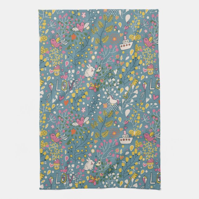 Abstract romantic pattern with cartoon tea towel (Vertical)