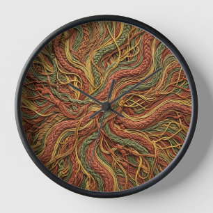 Abstract Root System Earth Tone Thread Art Clocks