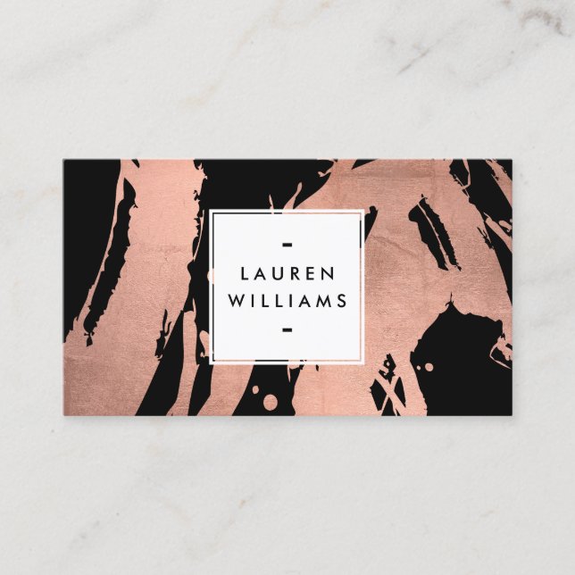 Abstract Rose Gold Brushstrokes on Black Business Card (Front)