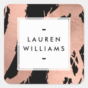 Abstract Rose Gold Brushstrokes on Black Square Sticker
