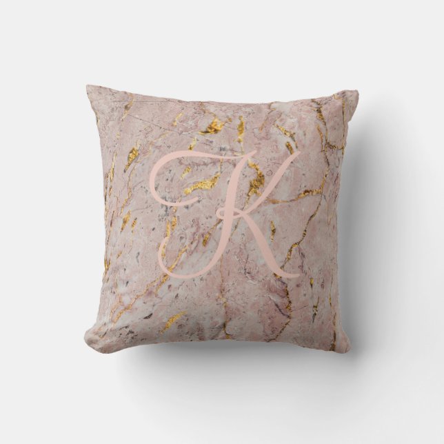 Abstract Rose Gold Marble Monogram Cushion (Front)