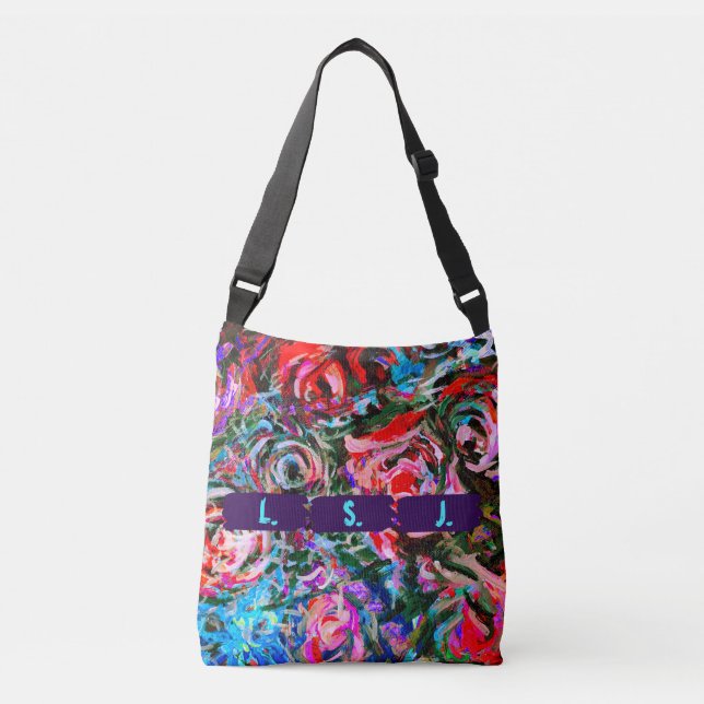 Abstract roses in red and turquoise and 3 letters crossbody bag (Front)
