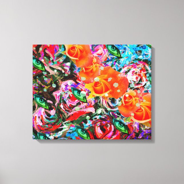Abstract roses orange & turqoise psychedelic art canvas print (Front)