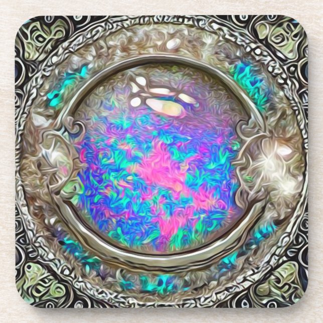 Abstract Round Painted Opal Gemstone Coaster (Front)