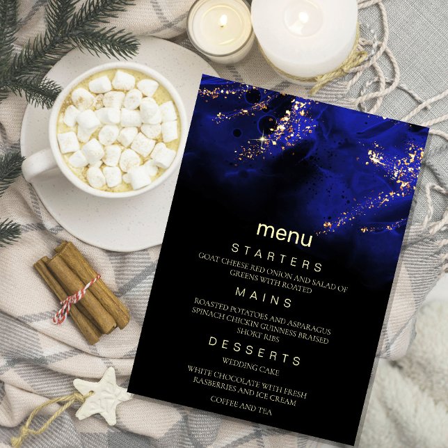 Abstract Royal Blue and Gold Alcohol Menu Invitation (Creator Uploaded)