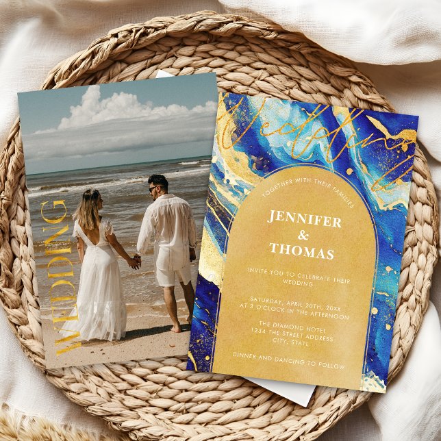 Abstract Royal Navy Blue Gold Photo Arch Wedding Invitation (Creator Uploaded)