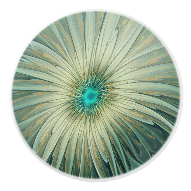 Abstract Sage Green Fantasy Flower Fractal Art Ceramic Knob (Front)