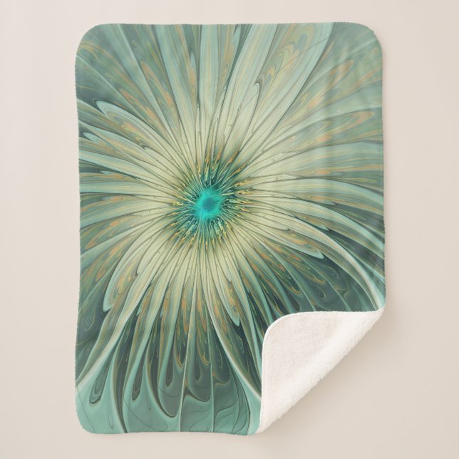 Abstract Sage Green Fantasy Flower Fractal Art Sherpa Blanket (Front)