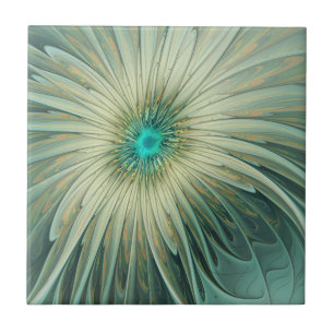 Abstract Sage Green Fantasy Flower Fractal Art Tile