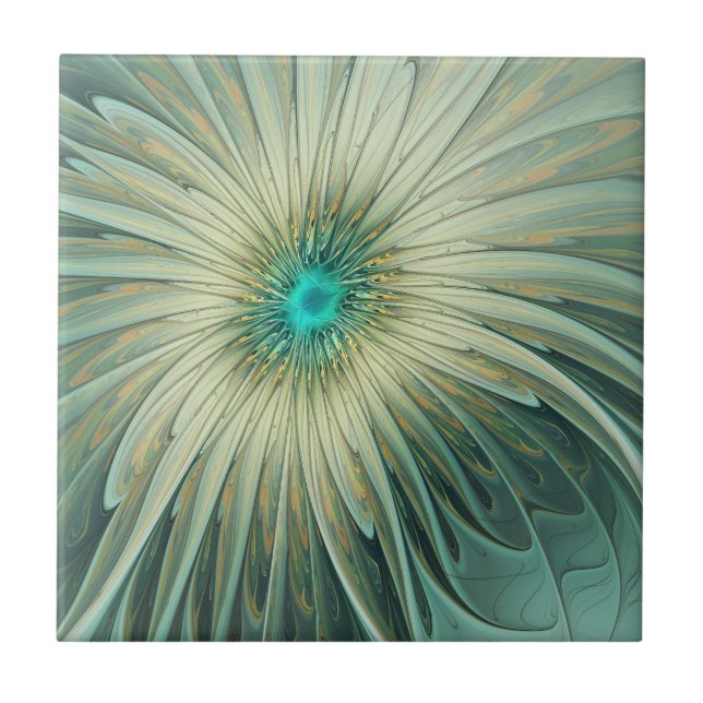 Abstract Sage Green Fantasy Flower Fractal Art Tile (Front)