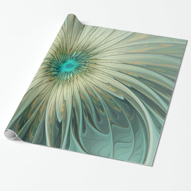 Abstract Sage Green Fantasy Flower Fractal Art Wrapping Paper (Unrolled)