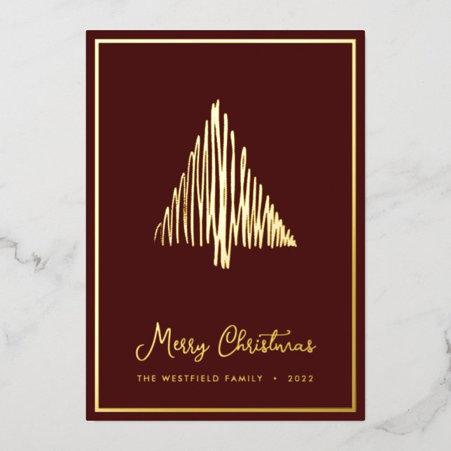 Abstract Scandi Christmas Tree Burgundy Gold Foil Holiday Card (Front)