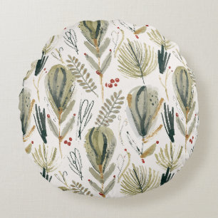 Abstract Scandinavian Christmas Foliage Sage Green Round Cushion